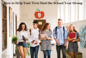 Group of high school kids walking down a school hallway.